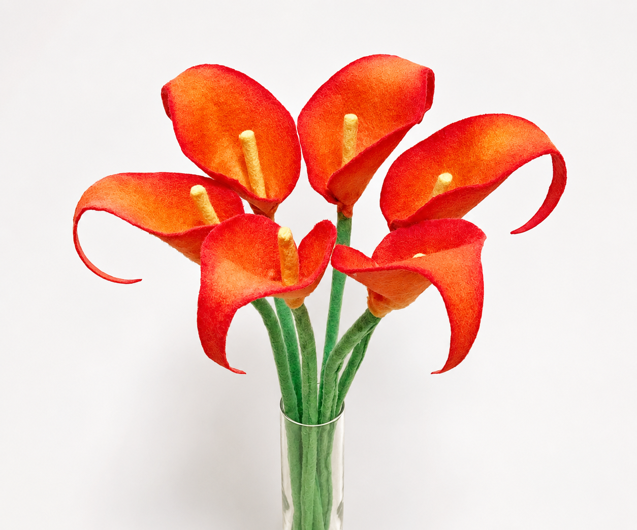 Bouquet of red cala lilies in a clear vase on a white background