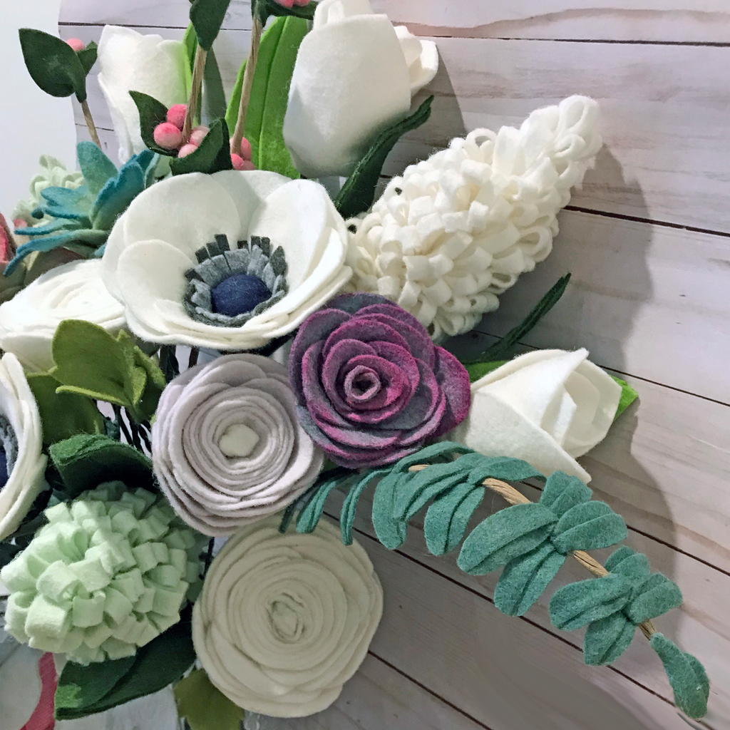 Anenome, Fern, Hyacinth, and Succulent Arrangement