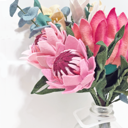 King Protea, Eucalyptus, and Larkspur